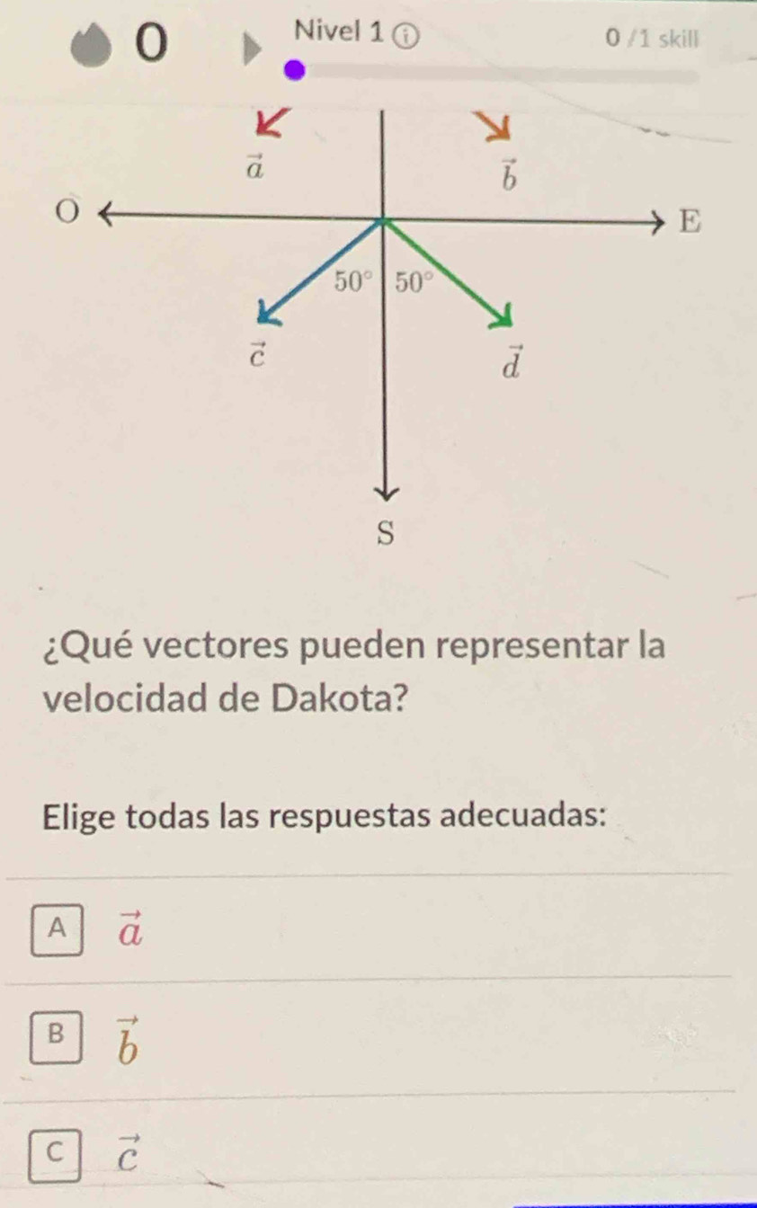 Nivel 1 ⓘ 0 /1 skill
¿Qué vectores pueden representar la
velocidad de Dakota?
Elige todas las respuestas adecuadas:
A vector a
B vector b
C vector C