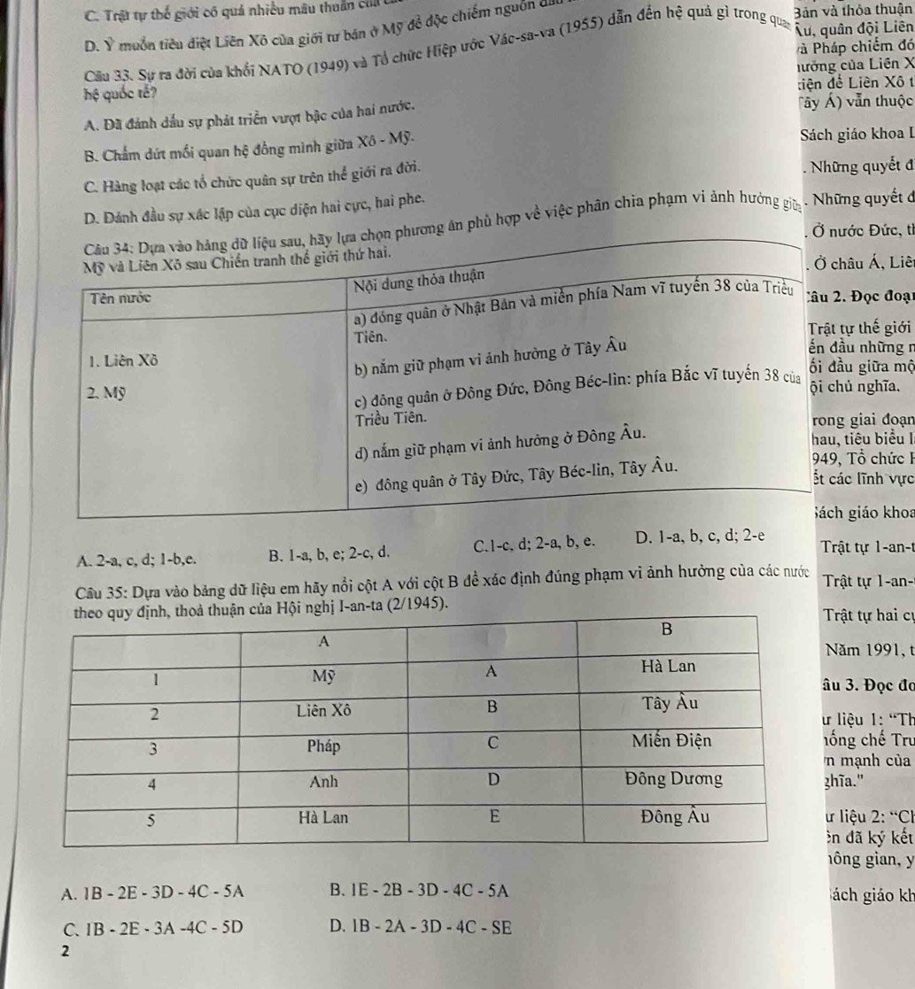C. Trật tự thế giới có quá nhiều mâu thuân củ
D. Ý muồn tiêu điệt Liên Xô của giới tư bán ở Mỹ đề độc chiếm nguồn ca
3ản và thỏa thuận
Cầu 33. Sự ra đời của khổi NATO (1949) và Tổ chức Hiệp ước Vác-sa-va (1955) dẫn đến hệ quả gỉ trong quan
Âu, quân đội Liên
à Pháp chiếm đó
lưởng của Liên X
hệ quốc tế? tiện đề Liên Xô t
A. Đã đánh dầu sự phát triển vượt bậc của hai nước.
Tây Á) vẫn thuộc
B. Chẩm dứt mối quan hệ đồng mình giữa Xô - Mỹ. Sách giáo khoa I
C. Hàng loạt các tổ chức quân sự trên thể giới ra đời. .  Những quyết đ
D. Đánh đầu sự xác lập của cục diện hai cực, hai phe. .  Những quyết đ
phủ hợp về việc phân chia phạm vi ảnh hưởng giữa
ớc Đức, tì
hâu Á, Liê
Đọc đoạ
tự thế giới
u những r
u giữa mộ
ủ nghĩa.
giai đoạn
tiêu biểu I
Tổ chức I
c lĩnh vực
giáo khoa
A. 2-a, c, d; 1-b,e. B. 1-a, b, e; 2-c, d. C.1-c. d; 2-a, b, e. D. 1-a, b, c, d; 2-e  Trật tự 1-an-t
Câu 35: Dựa vào bảng dữ liệu em hãy nổi cột A với cột B đề xác định đúng phạm vi ảnh hưởng của các nước  Trật tự 1-an-
ị I-an-ta (2/1945). Trật tự hai cự
Năm 1991, t
âu 3. Đọc đo
ư liệu 1: “Th
hổng chế Tru
n mạnh của
zhĩa."
ư liệu 2: “Cl
ên đã ký kết
hông gian, y
A. IB-2E-3D-4C-5A B. IE-2B-3D-4C-5A ách giáo kh
C. IB-2E-3A-4C-5D D. IB-2A-3D-4C-SE
2
