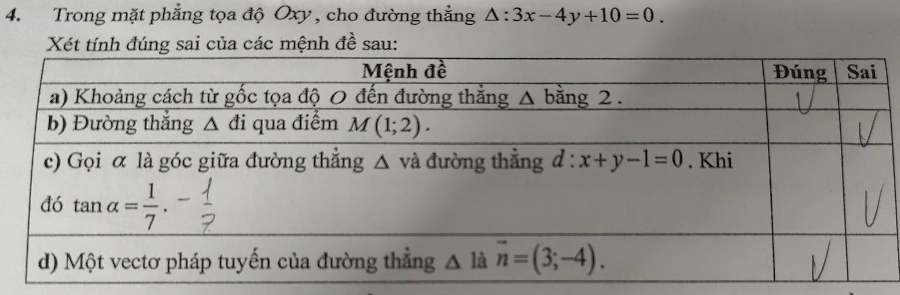 Trong mặt phẳng tọa độ Oxy , cho đường thẳng △ :3x-4y+10=0.
nai của các mệnh đề sau: