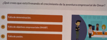 ¿Qué crees que está frenando el crecimiento de la aventura empresarial de Omar?
Falta de determinación.
Falta de objetivos empresariales SMART.
Falta de pasión.