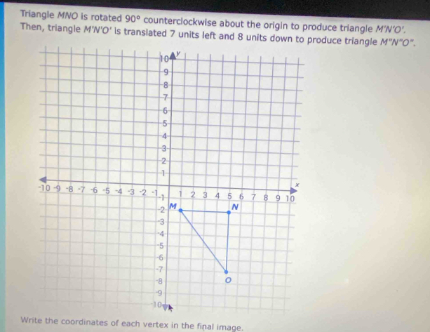 Triangle MNO is rotated 90° counterclockwise about the origin to produce triangle M'N'O'. 
Then, triangle M'N'O' is transiated 7 units left and 8 units down to produce triangle M''N''O''
Write the coordinates of each vertex in the final image.