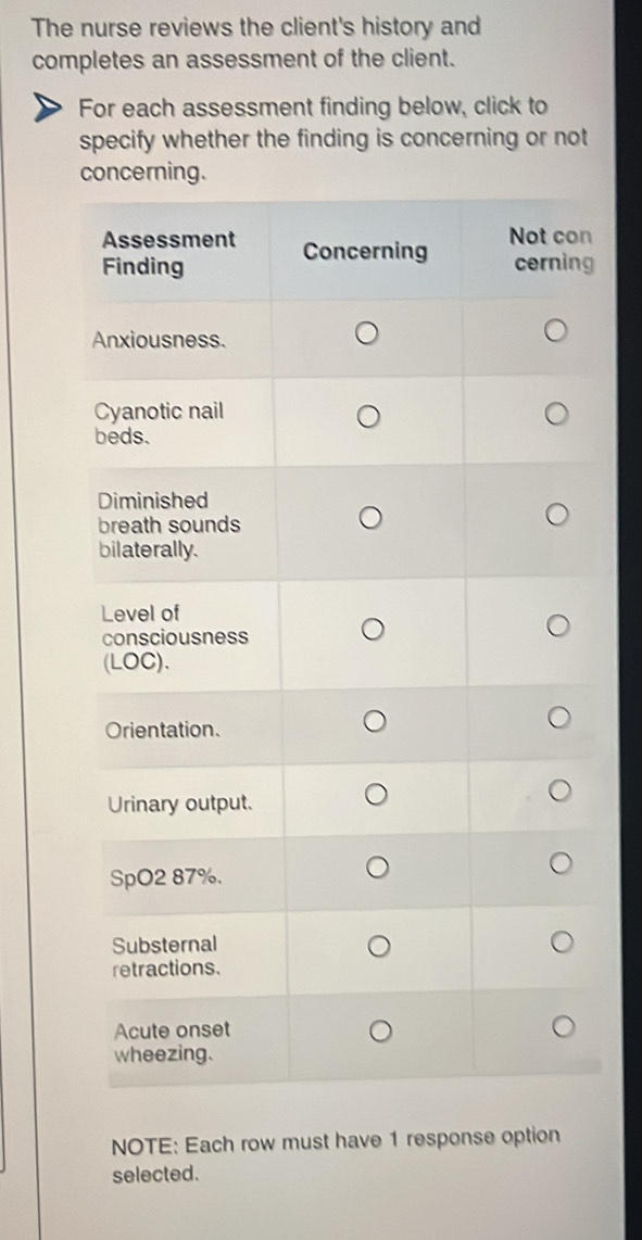 The nurse reviews the client's history and 
completes an assessment of the client. 
For each assessment finding below, click to 
specify whether the finding is concerning or not 
g 
NOTE: Each row must have 1 response option 
selected.