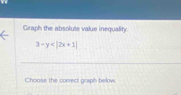 VV 
Graph the absolute value inequality.
3-y
Choose the correct graph below.