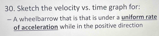 Solved: Sketch the velocity vs. time graph for: — A wheelbarrow that is ...