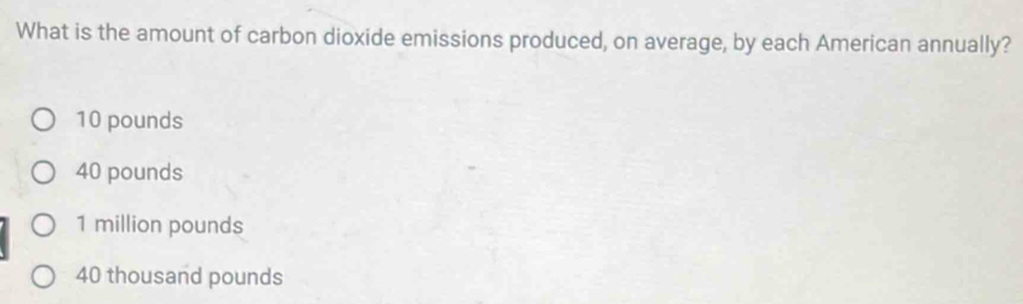 What is the amount of carbon dioxide emissions produced, on average, by each American annually?
10 pounds
40 pounds
1 million pounds
40 thousand pounds