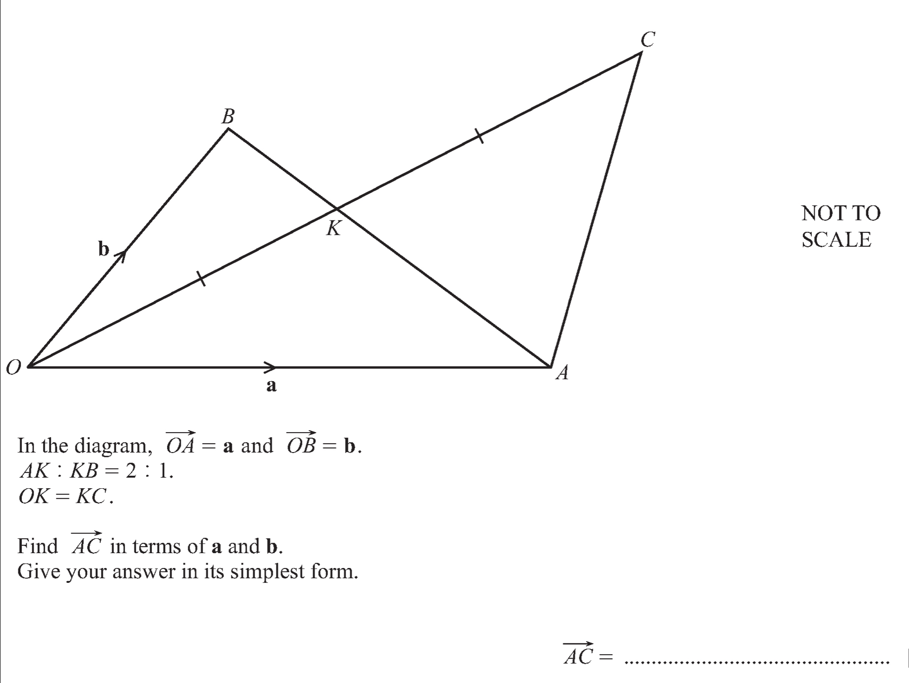 NOT TO 
SCALE 
In the diagram, vector OA=a and vector OB=b.
AK:KB=2:1.
OK=KC. 
Find vector AC in terms of a and b. 
Give your answer in its simplest form. 
_ vector AC=