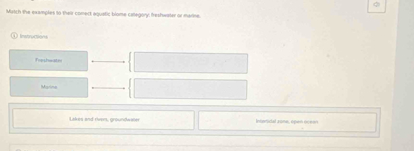 Match the examples to their correct aquatic biome category: freshwater or marine.
) Instructions
Freshwater
Marine
Lakes and rivers, groundwater Intertidal zone, open ocean