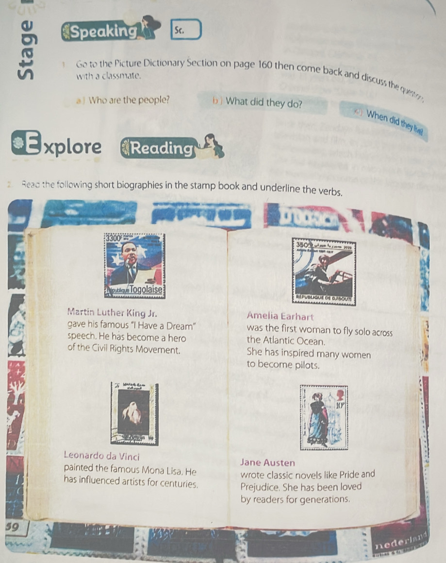 Speaking Sc. 
with a classmate. 
Go to the Picture Dictionary Section on page 160 then come back and discuss the questr 
a  Who are the people? b What did they do? 
When did they l 
*Explore Reading 
2. Read the following short biographies in the stamp book and underline the verbs.
350 201
100 - 193
publique Togolaise 
REPUBLIQUE dE DJISOUTi 
Martin Luther King Jr. Amelia Earhart 
gave his famous “I Have a Dream” was the first woman to fly solo across 
speech. He has become a hero the Atlantic Ocean. 
of the Civil Rights Movement. She has inspired many women 
to become pilots. 

Leonardo da Vinci Jane Austen 

painted the famous Mona Lisa. He wrote classic novels like Pride and 
has influenced artists for centuries. Prejudice. She has been loved 
by readers for generations.
59
nederland