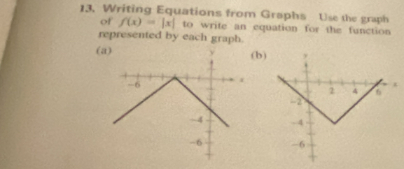 Writing Equations from Graphs Use the graph 
of f(x)=|x| to write an equation for the function 
represented by each graph. 
(a) (b) y
y
-6
α 4 6
2
-2
-4
- 4
-6
-6