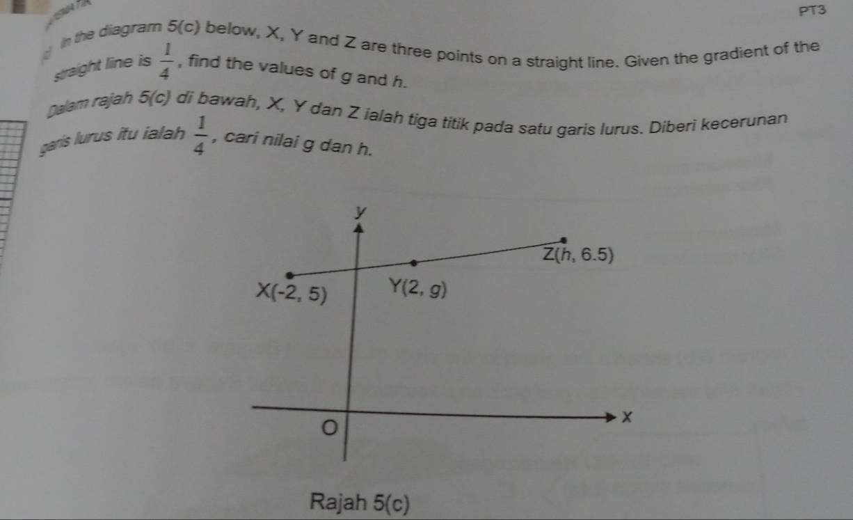 PT3
in the diagram 5(c) below, X, Y and Z are three points on a straight line. Given the gradient of the
straight line is  1/4  , find the values of g and h.
Dalam rajah 5(c) di bawah, X, Y dan Z ialah tiga titik pada satu garis lurus. Diberi kecerunan
garis lurus itu ialah  1/4  , cari nilai g dan h.
Rajah 5(c)