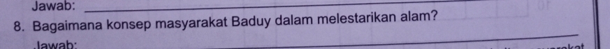 Jawab:_ 
8. Bagaimana konsep masyarakat Baduy dalam melestarikan alam? 
Jawab: 
_