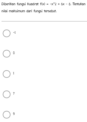 Diberikan fungsi Kuadrat f(x)=-x^(wedge)2+6x-8. TentuKan
nilai maKsimum dari fungsi tersebut.
-1
0
1
7
9
