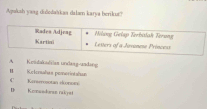 Apakah yang didedahkan dalam karya berikut?
Raden Adjeng Hilang Gelap Terbitlah Terang
Kartini Letters of a Javanese Princess
A Ketidakadilan undang-undang
B Kelemahan pemerintahan
C Kemerosotan ekonomi
D Kemunduran rakyat