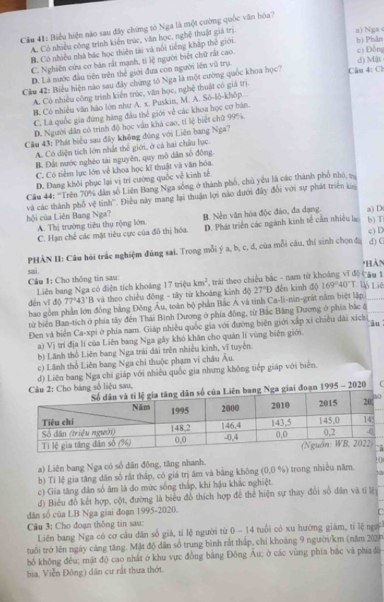 Cầu 41: Biểu hiện nào sau đây chứng tỏ Nga là một cường quốc văn hóa?
A. Có nhiều công trình kiến trúc, văn học, nghệ thuật giá trị.
a) Nga
B. Có nhiều nhà bác học thiên tài và nổi tiếng khắp thế giới. b) Phân
C. Nghiên cứu cơ bán rất mạnh, ti lệ người biết chữ rất cao. c) Đồng d) Mật
D. Là nước đầu tiên trên thể giới đưa con người lên vũ trụ.
Câu 42: Biểu hiện nào sau đây chứng tỏ Nga là một cường quốc khoa học? Câu 4: Cl
A. Có nhiều công trình kiến trúc, văn học, nghệ thuật có giá trị.
B. Có nhiều văn hào lớn như A. x. Puskin, M. A. Sô-lô-khôp...
C. Là quốc gia đứng hàng đầu thế giới về các khoa học cơ bản.
D. Người dân có trình độ học văn khá cao, tỉ lệ biết chữ 99%.
Câu 43: Phát biểu sau đây không đúng với Liên bang Nga?
A. Có diện tích lớn nhất thể giới, ở cả hai châu lục.
B. Đất nước nghèo tài nguyên, quy mô dân số đông
C. Có tiềm lực lớn về khoa học kĩ thuật và văn hóa.
D. Đang khôi phục lại vị trí cường quốc về kinh tế,
Câu 44: “Trên 70% dân số Liên Bang Nga sống ở thành phố, chủ yêu là các thành phố nhỏ, tra
và các thành phổ vệ tính''. Điều này mang lại thuận lợi nào dưới đây đổi với sự phát triển kia
hội của Liên Bang Nga?
A. Thị trường tiêu thụ rộng lớn. B. Nền văn hóa độc đáo, đa dạng. a) D
C. Hạn chế các mặt tiêu cực của đô thị hóa. D. Phát triển các ngành kinh tế cần nhiều la b)T
c) D
PHÀN II: Câu hỏi trắc nghiệm đúng sai. Trong mỗi ý a, b, c, d, của mỗi câu, thí sinh chọn đá d)C
'Hàn
sai .
Câu 1: Cho thông tin sau:
Liên bang Nga có điện tích khoảng 17 triệu km^2 , trải theo chiều bắc - nam từ khoảng vĩ độ câu 1
dēn vĩ độ 77°43'B và theo chiều đồng - tây từ khoảng kinh độ 27°D đến kinh độ 169°40°T Lộ Liê
bao gồm phần lớn đồng bằng Đông Âu, toàn bộ phần Bắc Á và tinh Ca-li-nin-grất nằm biệt lập
từ biển Ban-tích ở phía tây đến Thái Bình Dương ở phía đông, từ Bắc Băng Dương ở phía bắc đ
Đen và biển Ca-xpi ở phía nam. Giáp nhiều quốc gia với đường biên giới xấp xỉ chiều dài xích u
a) Vị trí địa lí của Liên bang Nga gây khó khăn cho quản lí vùng biên giới.
b) Lãnh thổ Liên bang Nga trải dài trên nhiều kinh, vĩ tuyển.
c) Lãnh thổ Liên bang Nga chỉ thuộc phạm vi châu Âu.
d) Liên bang Nga chí giáp với nhiều quốc gia nhưng không tiếp giáp với biển.
Câu 2: Cho bảng số liệu sau,
ố của Liên bang Nga giai đoạn 1995 - 2020
o
5
a) Liên bang Nga có số dân đông, tăng nhanh.
!0
b) Tỉ lệ gia tăng dân số rất thấp, có giá trị âm và bằng không (0,0 %) trong nhiều năm,
) a
c) Gia tăng dân số âm là do mức sống thấp, khí hậu khắc nghiệt.
d) Biểu đồ kết hợp, cột, đường là biểu đồ thích hợp để thể hiện sự thay đổi số dân và tỉ lệ
dân số của LB Nga giai đoạn 1995-2020.
Câu 3: Cho đoạn thông tin sau:
Liên bang Nga có cơ cầu dân số giả, tỉ lệ người từ 0 - 14 tuổi có xu hướng giảm, tỉ lệ ngự
tuổi trở lên ngày cảng tăng. Mật độ dân số trung bình rất thấp, chỉ khoảng 9 người/km (năm 2020
bố không đều; mật độ cao nhất ở khu vực đồng bằng Đông Âu; ở các vùng phía bắc và phía đã
bia, Viễn Đông) dân cư rất thưa thớt.