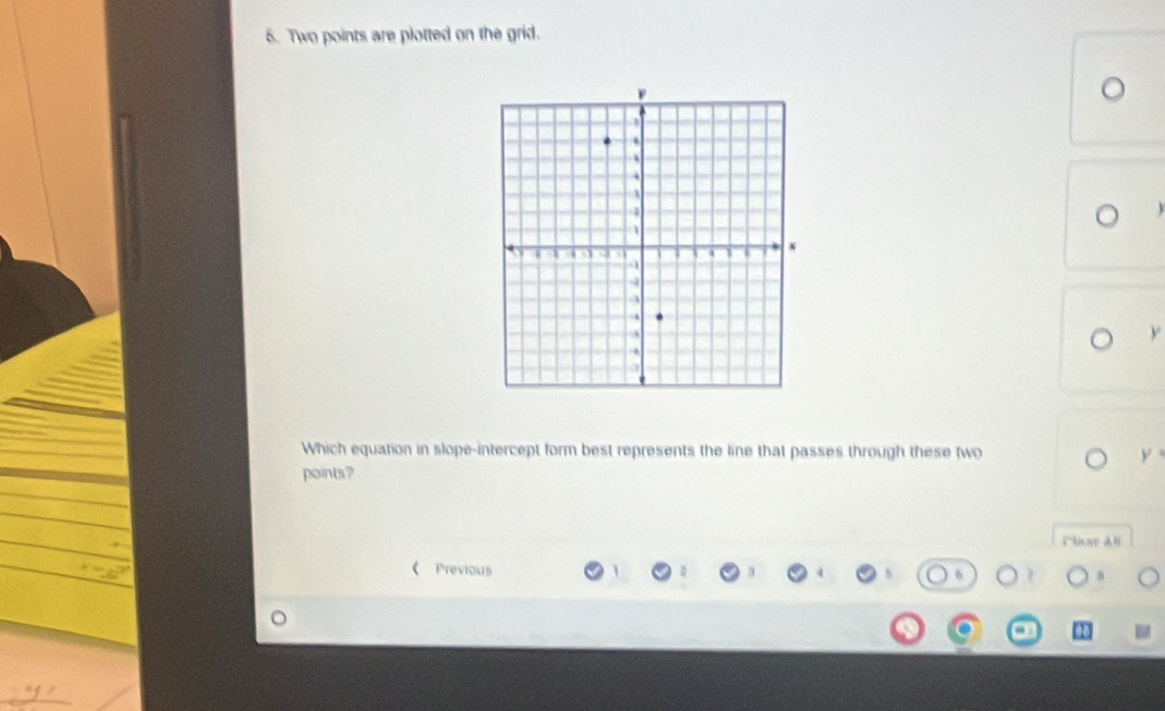 Two points are plotted on the grid. 
。
y
Which equation in slope-intercept form best represents the line that passes through these two y
points? 
Clear All 
《 Previous 
a 
_