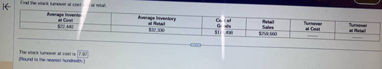 Find the stock turnover at cost at retail. 
The stock turnover at cost is 7.97
(Round to the nearest hundredth.)