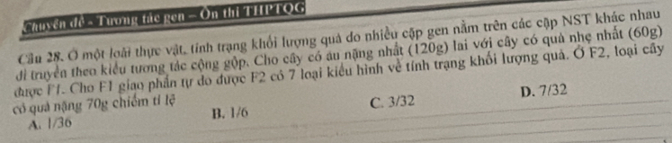 Chuyen de - Tương tác gen - On thi THPTOG
Cầu 28. Ở một loài thực vật, tính trạng khổi lượng quả do nhiều cặp gen nằm trên các cập NST khác nhau
đi truyền theo kiểu tương tác cộng gộp. Cho cây có au nặng nhất (120g) lai với cây có quả nhẹ nhất (60g)
được F1. Cho F1 giao phần tự do được F2 có 7 loại kiểu hình về tính trạng khối lượng quả. Ở F2, loại cây
có quả nặng 70g chiếm tỉ lệ C. 3/32
A. 1/36 B. 1/6 D. 7/32