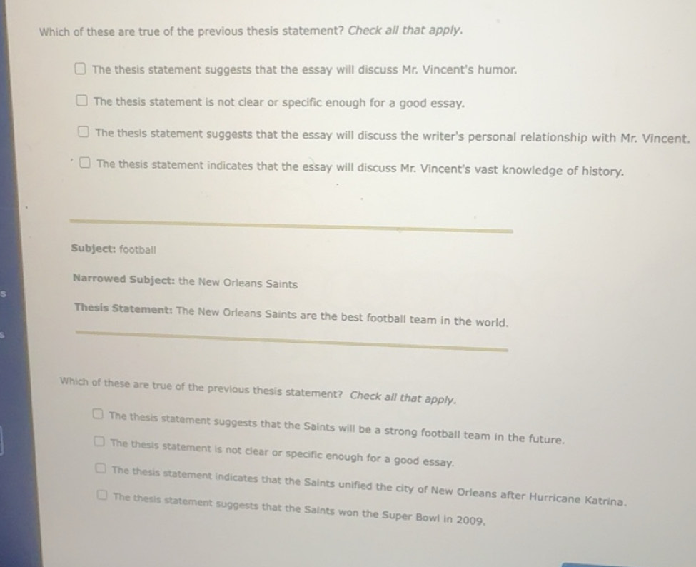 Solved: Which of these are true of the previous thesis statement? Check ...