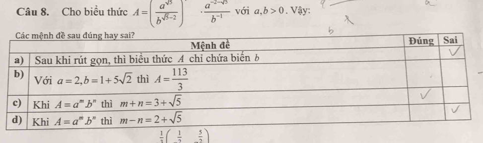Cho biểu thức A=( a^(sqrt(5))/b^(sqrt(5)-2) ) ·  (a^(-2-sqrt(5)))/b^(-1)  với a,b>0. Vậy:
 1/2 ( 1/2  5/2 )