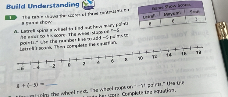 Build Understanding 
1 The table shows the scores of three contestants on 
a game show. 
A. Latrell spins a wheel to find out how many points 
he adds to his score. The wheel stops on “ —5
points.” Use the number line to add — 5 points to 
ete the equation. 
_ 8+(-5)=
umi spins the wheel next. The wheel stops on “— 11 points.” Use the 
n her score. Complete the equation.