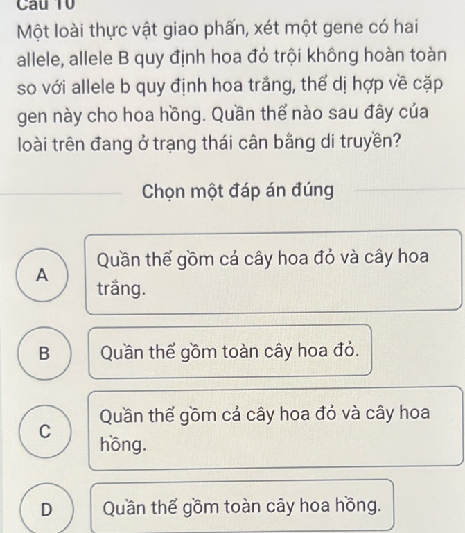 Câu T0
Một loài thực vật giao phấn, xét một gene có hai
allele, allele B quy định hoa đỏ trội không hoàn toàn
so với allele b quy định hoa trắng, thể dị hợp về cặp
gen này cho hoa hồng. Quần thể nào sau đây của
loài trên đang ở trạng thái cân bằng di truyền?
Chọn một đáp án đúng
Quần thể gồm cả cây hoa đỏ và cây hoa
A
trắng.
B Quần thể gồm toàn cây hoa đỏ.
Quần thể gồm cả cây hoa đỏ và cây hoa
C hồng.
D Quần thể gồm toàn cây hoa hồng.