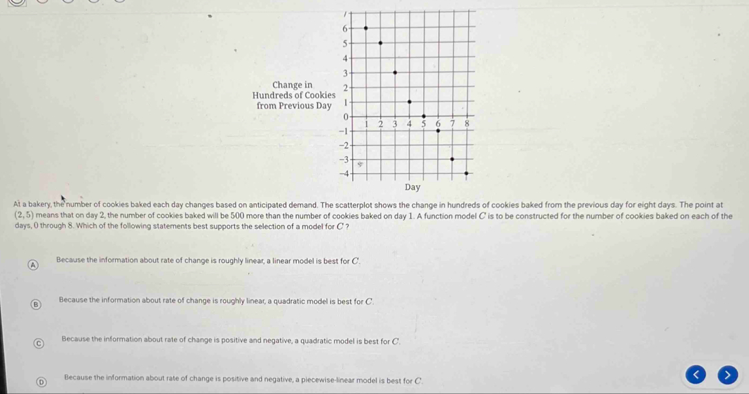 Change in 
Hundreds of Cookies
from Previous Day
At a bakery, the number of cookies baked each day changes based on anticipated demand. The scatterplot shows the change in hundreds of cookies baked from the previous day for eight days. The point at
(2,5) means that on day 2, the number of cookies baked will be 500 more than the number of cookies baked on day 1. A function model C is to be constructed for the number of cookies baked on each of the
days, ( through 8. Which of the following statements best supports the selection of a model for C ?
A Because the information about rate of change is roughly linear, a linear model is best for C.
B Because the information about rate of change is roughly linear, a quadratic model is best for C.
Because the information about rate of change is positive and negative, a quadratic model is best for C.
Because the information about rate of change is positive and negative, a piecewise-linear model is best for C '.