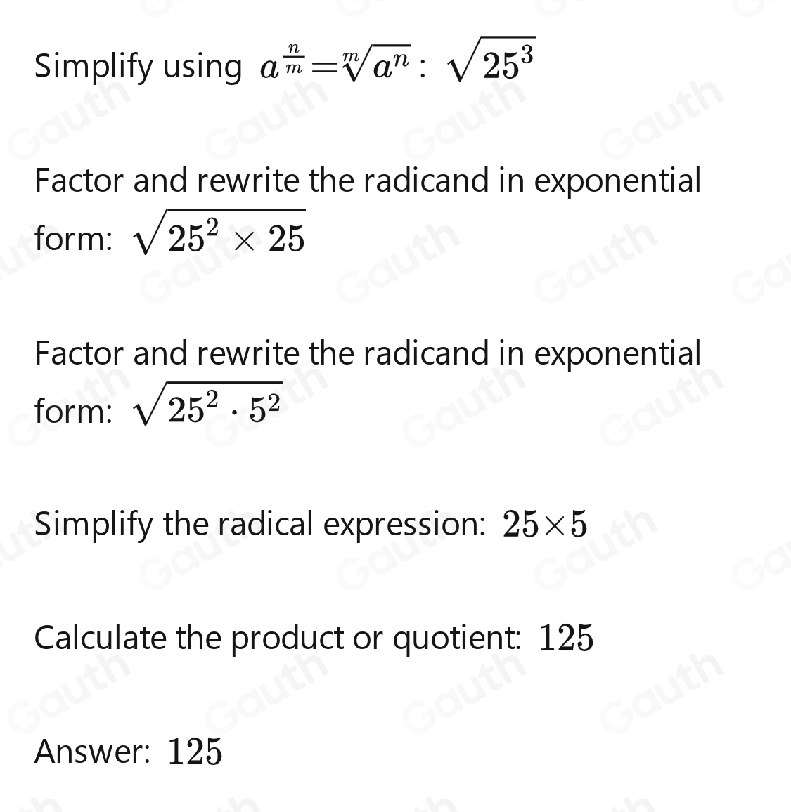 Solved: Express 25^(frac 3)2 in simplest radical form. [Math]