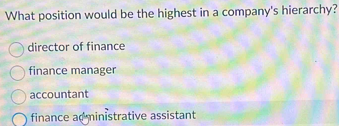 What position would be the highest in a company's hierarchy?
director of finance
finance manager
accountant
finance ad ministrative assistant