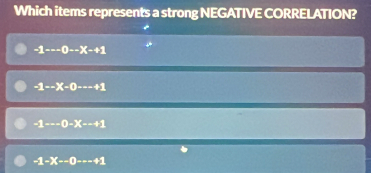 Which items represents a strong NEGATIVE CORRELATION?
-1--0--X-+1
-1--X-0 +1
-1 -0-X--+1
-1-X--0---+1