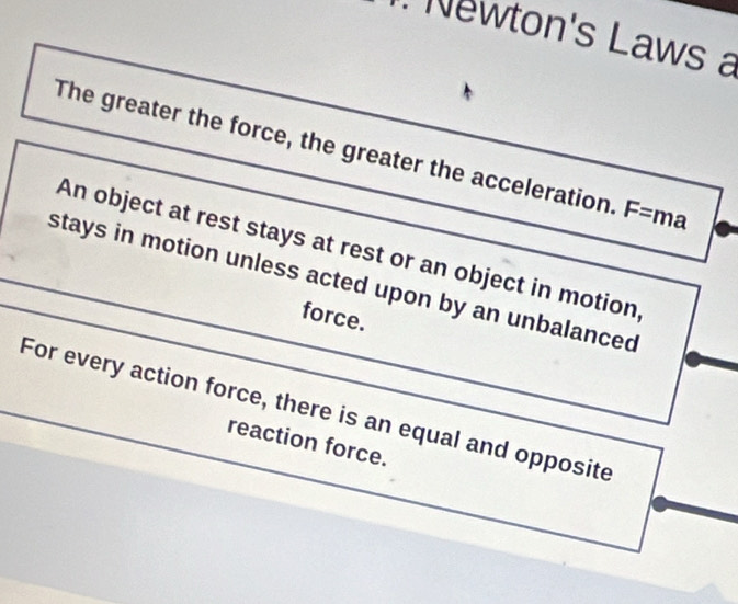 Newton's Laws a 
The greater the force, the greater the acceleration. F= ma 
An object at rest stays at rest or an object in motion 
stays in motion unless acted upon by an unbalanced 
force. 
For every action force, there is an equal and opposite 
reaction force.