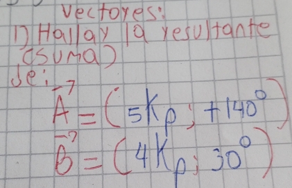 vectores: 
DHallay 1a yesultante 
asuna 
Je:
vector A=(5k_p,+140°)
vector B=(4k_p,30°)