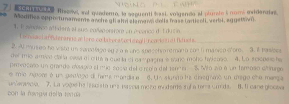 SCRITURA Riscrivi, sul quaderno, le seguenti frasi, volgendo al plurale i nomi evidenziau 
Modifica opportunamente anche gli altri elementi della frase (articoli, verbi, aggettivi). 
1. Il sindaco affiderà al suo collaboratore un incarico di fiducia. 
l sindaci affideranno ai loro collaboratori degli incarichi di fiducia. 
2. Al museo ho visto un sarcofago egizio e uno specchio romano con il manico d'oro. 3. Il-trasleca 
del mio amico dalla casa di città a quella di campagna è stato molto faticoso. 4. Lo sciopero ha 
provocato un grande disagio al mio socío del circolo del tennis. 5, Mio zío è un famoso chirurge 
e mio nipote è un geologo di fama mondiale. 6. Un alunno ha disegnato un drago che mangia 
un'arancia. 7. La volpe ha lasciato una traccía molto evidente sulla terra umida. 8. Il cane giocava 
con la frangia della tenda.