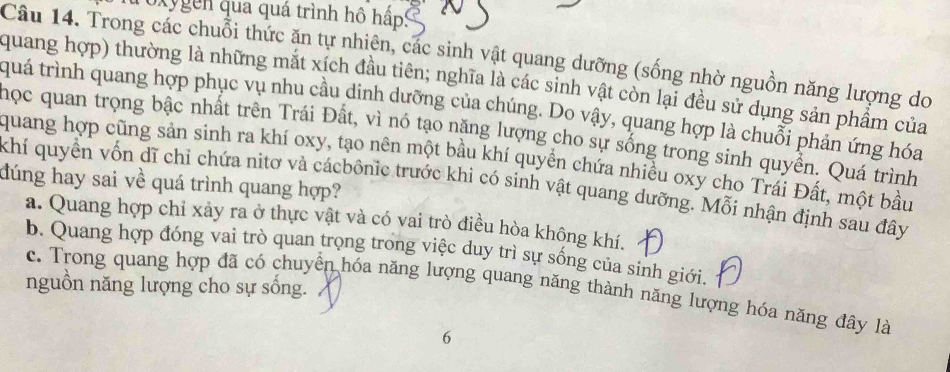 oxygen qua quá trình hô hấp:
Câu 14. Trong các chuỗi thức ăn tự nhiên, các sinh vật quang dưỡng (sống nhờ nguồn năng lượng do
quang hợp) thường là những mắt xích đầu tiên; nghĩa là các sinh vật còn lại đều sử dụng sản phẩm của
quá trình quang hợp phục vụ nhu cầu dinh dưỡng của chúng. Do vậy, quang hợp là chuỗi phản ứng hóa
học quan trọng bậc nhất trên Trái Đất, vì nó tạo năng lượng cho sự sống trong sinh quyển. Quá trình
quang hợp cũng sản sinh ra khí oxy, tạo nên một bầu khí quyển chứa nhiều oxy cho Trái Đất, một bầu
đúng hay sai về quá trình quang hợp?
khí quyền vốn dĩ chỉ chứa nitơ và cácbônic trước khi có sinh vật quang dưỡng. Mỗi nhận định sau đây
a. Quang hợp chỉ xảy ra ở thực vật và có vai trò điều hòa không khí.
b. Quang hợp đóng vai trò quan trọng trong việc duy trì sự sống của sinh giới.
nguồn năng lượng cho sự sống.
c. Trong quang hợp đã có chuyển hóa năng lượng quang năng thành năng lượng hóa năng đây là
6