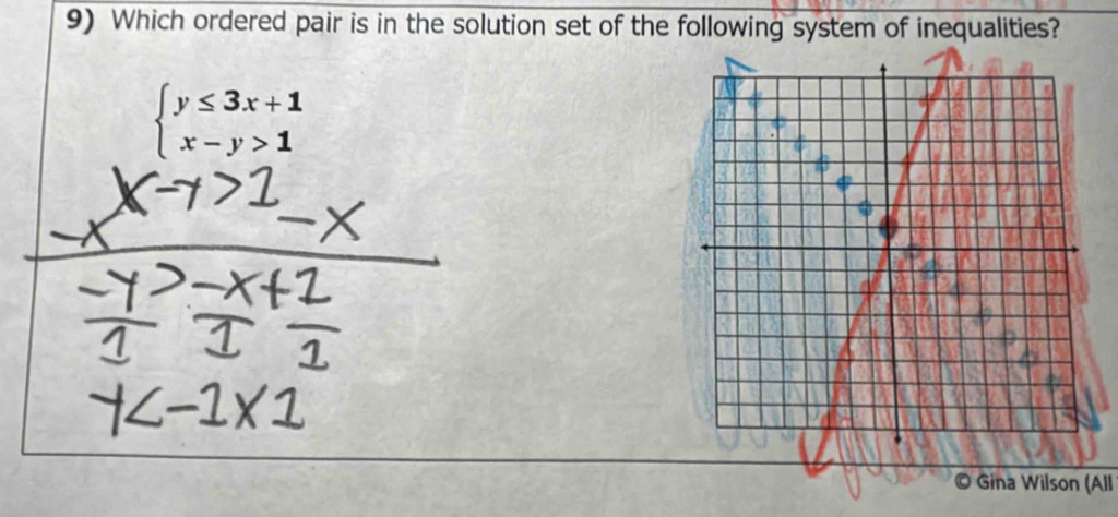 Which ordered pair is in the solution set of the following system of inequalities?
beginarrayl y≤ 3x+1 x-y>1endarray.
© Gina Wilson (All