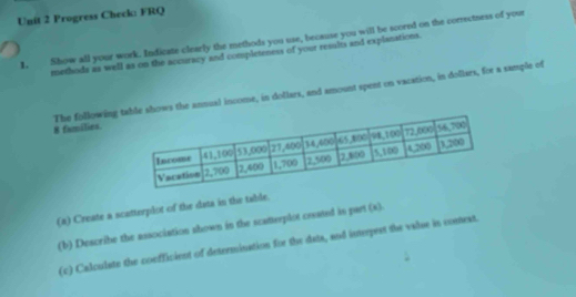 Progress Check: FRQ 
1. Show all your work. Indicate clearly the methods you use, because you will be scored on the correctness of your 
methods as well as on the accuracy and completeness of your results and explanations. 
The following ws the annual income, in dollars, and amount spent on vacation, in dollars, for a sample of 8 families 
(a) Create a scatterplot of the data in the table. 
(b) Describe the association shown in the scatterplot cesated is part (x). 
(c) Calculate the coofficient of determination for the data, and interpest the value in comext.