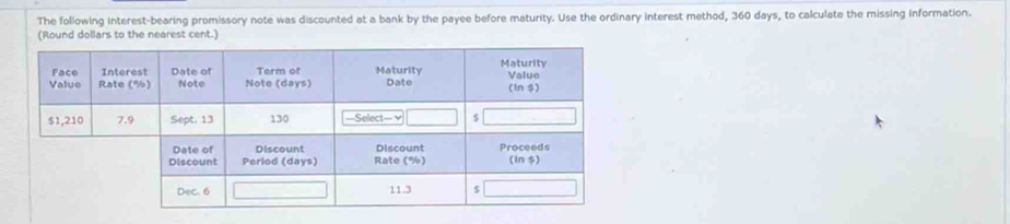 The following interest-bearing promissory note was discounted at a bank by the payee before maturity. Use the ordinary interest method, 360 days, to calculate the missing information. 
(Round dollars to the nearest cent.)