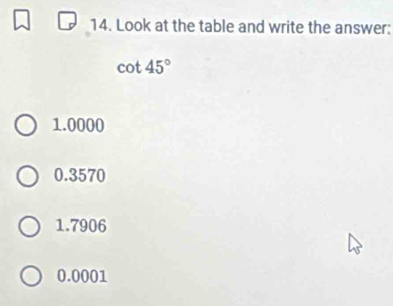 Look at the table and write the answer:
cot 45°
1.0000
0.3570
1.7906
0.0001