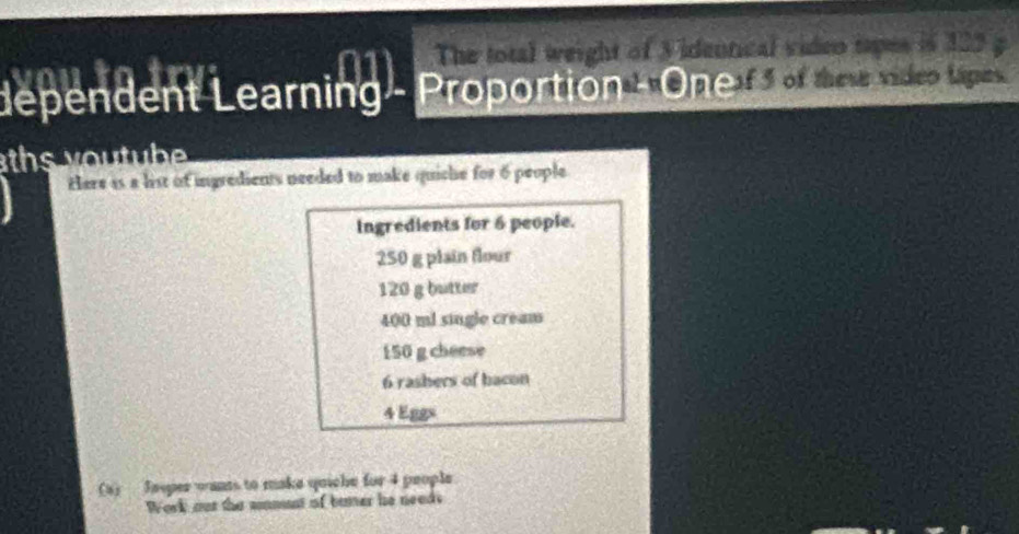 The total weight of 3 ideorical video iapes in 122
dependent Learning - Proportion - One o 
ths youtube . 
Here is a list of ingredients needed to make quiche for 6 people 
ingredients for 6 people.
250 g plain flour
120 g butter
400 ml single cream
150 g cheese
6 rashers of bacon
4 Eggs 
(a) Jaoper wants to make quiche for 4 people 
Work out the amant of bumer he needs