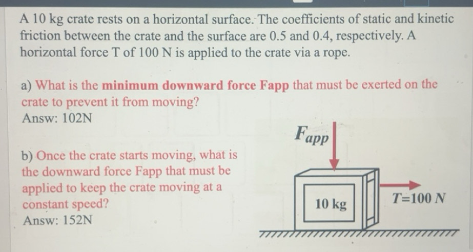 Solved: A 10 kg crate rests on a horizontal surface. The coefficients ...