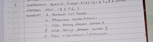 Gambarlcan gratil Fungsi F(x)=y=x^2+dx
daecah asal -9≤ x≤ 1
Tenulcan: 2. Pembuar ncl fungs:
bo. Dersanaan Sumbu simeIrs
c killlc polorg dengon sarlu:n
d kkil Poleng dengan sumbug
C. ollar malesmum) mrnimen