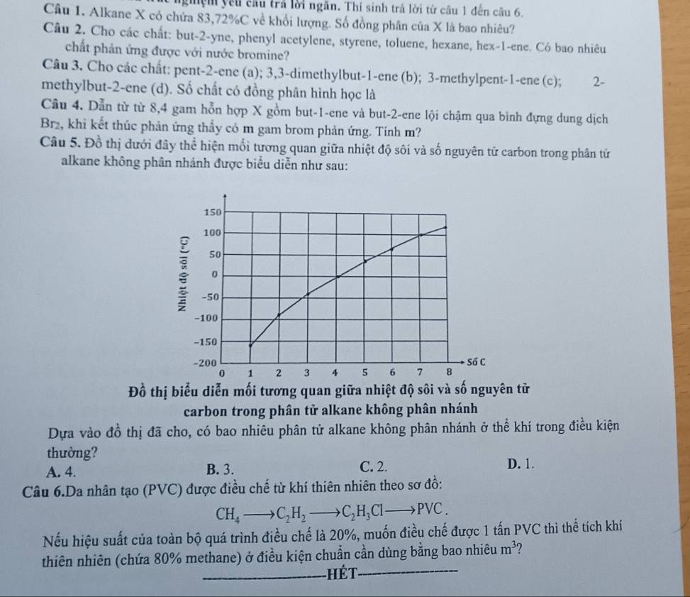 gệm yêu cầu trả lời ngăn. Thí sinh trả lời từ cầu 1 đến câu 6.
Câu 1. Alkane X có chứa 83,72%C về khối lượng. Số đồng phân của X là bao nhiêu?
Câu 2. Cho các chất: but-2-yne, phenyl acetylene, styrene, toluene, hexane, hex-1-ene. Có bao nhiêu
chất phản ứng được với nước bromine?
Câu 3. Cho các chất: pent-2-ene (a); 3,3-dimethylbut-1-ene (b); 3-methylpent-1-ene (c); 2-
methylbut-2-ene (d). Số chất có đồng phân hình học là
Cầu 4. Dẫn từ từ 8,4 gam hỗn hợp X gồm but-1-ene và but-2-ene lội chậm qua bình đựng dung dịch
Br2, khi kết thúc phản ứng thầy có m gam brom phản ứng. Tính m?
Câu 5. Đồ thị dưới đây thể hiện mối tương quan giữa nhiệt độ sôi và số nguyên tử carbon trong phân tử
alkane không phân nhánh được biểu diễn như sau:
Đồ thị biểu diễn mối tương quan giữa nhiệt độ sôi và số nguyên tử
carbon trong phân tử alkane không phân nhánh
Dựa vào đồ thị đã cho, có bao nhiêu phân tử alkane không phân nhánh ở thể khí trong điều kiện
thường?
A. 4. B. 3. C. 2. D. 1.
Câu 6.Da nhân tạo (PVC) được điều chế từ khí thiên nhiên theo sơ đồ:
CH_4to C_2H_2to C_2H_3Clto PVC.
Nếu hiệu suất của toàn bộ quá trình điều chế là 20%, muốn điều chế được 1 tấn PVC thì thể tích khí
thiên nhiên (chứa 80% methane) ở điều kiện chuẩn cần dùng bằng bao nhiêu m^3
_hé t_