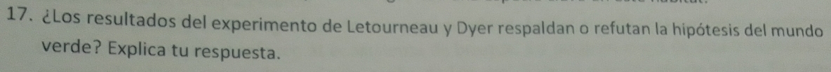 ¿Los resultados del experimento de Letourneau y Dyer respaldan o refutan la hipótesis del mundo 
verde? Explica tu respuesta.