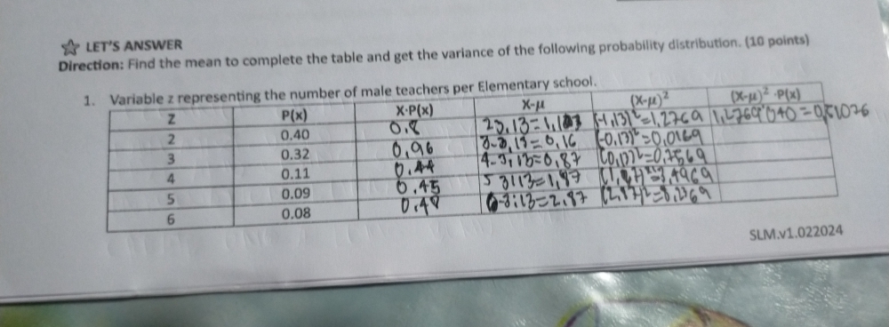 LET’S ANSWER
Direction: Find the mean to complete the table and get the variance of the following probability distribution. (10 points)