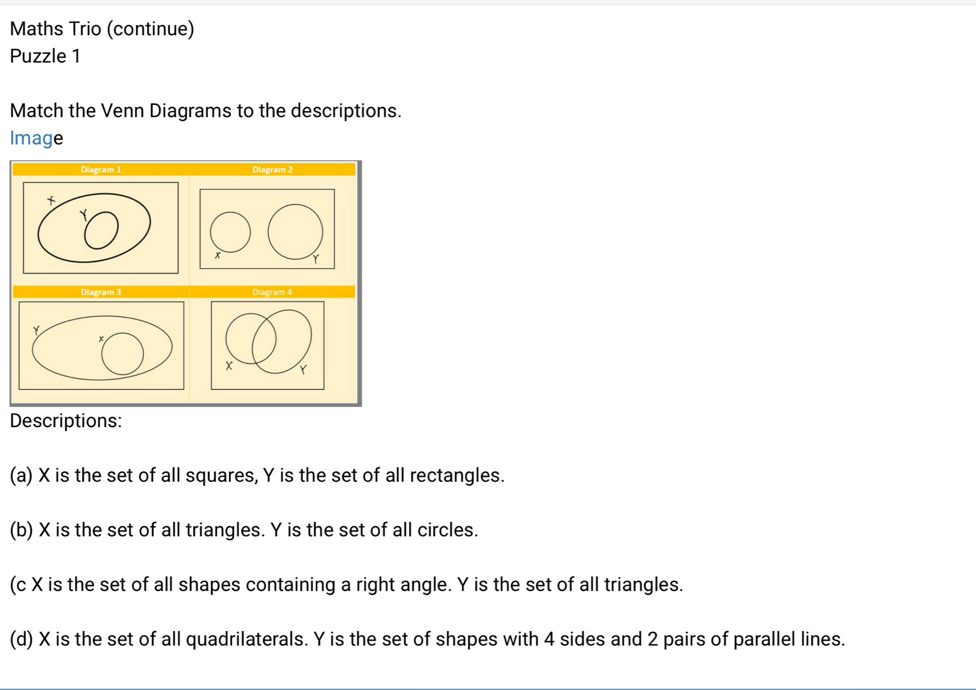 Maths Trio (continue) 
Puzzle 1 
Match the Venn Diagrams to the descriptions. 
Image 
Diagram 2
x
Y
Diagram 4
x
Y
Descriptions: 
(a) X is the set of all squares, Y is the set of all rectangles. 
(b) X is the set of all triangles. Y is the set of all circles. 
(c X is the set of all shapes containing a right angle. Y is the set of all triangles. 
(d) X is the set of all quadrilaterals. Y is the set of shapes with 4 sides and 2 pairs of parallel lines.