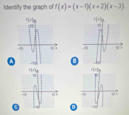 Identify the graph of f(x)=(x-1)(x+2)(x-3).

B
A

CD