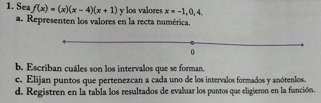 Sea f(x)=(x)(x-4)(x+1) y los valores x=-1,0,4. 
a. Representen los valores en la recta numérica. 
b. Escriban cuáles son los intervalos que se forman. 
c. Elijan puntos que pertenezcan a cada uno de los intervalos formados y anótenlos. 
d. Registren en la tabla los resultados de evaluar los puntos que eligieron en la función.