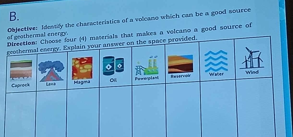 Objective: Identify the characteristics of a volcano which can be a good source 
of geothermal energy.aterials that makes a volcano a good source of