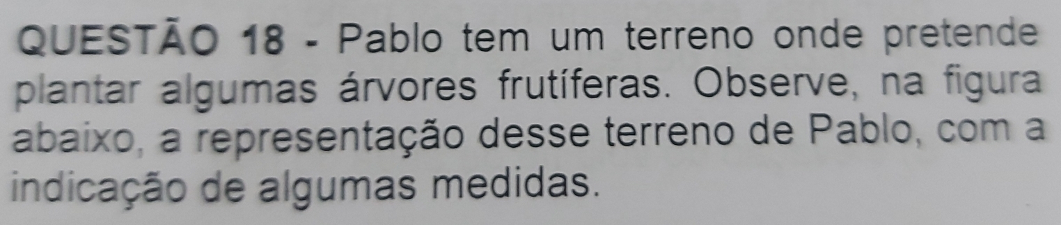 Pablo tem um terreno onde pretende 
plantar algumas árvores frutíferas. Observe, na figura 
abaixo, a representação desse terreno de Pablo, com a 
indicação de algumas medidas.