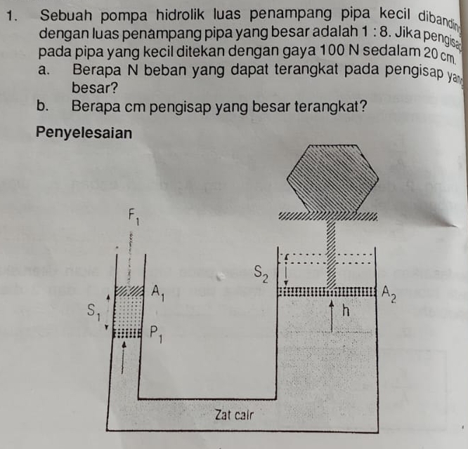 Sebuah pompa hidrolik luas penampang pipa kecil dibandin 
dengan luas penampang pipa yang besar adalah 1:8 Jika pengis 
pada pipa yang kecil ditekan dengan gaya 100 N sedalam 20 cm
a. Berapa N beban yang dapat terangkat pada pengisap yan 
besar? 
b. Berapa cm pengisap yang besar terangkat? 
Penyelesaian
F_1
S_2
A_1
A_2
S_1
h
P_1
Zat cair