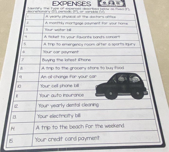 EXPENSES 
Identify the type of expenses described bel